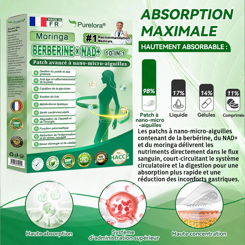 🇫🇷 Nouveauté 2026丨 Purelora® Moringa Berbérine x NAD+ Patch Nano-Microneedle 10-en-1 Une application par jour, changements visibles dès 7 jours. Pour accompagner la gestion du poids et le bien-être global. - Image 2